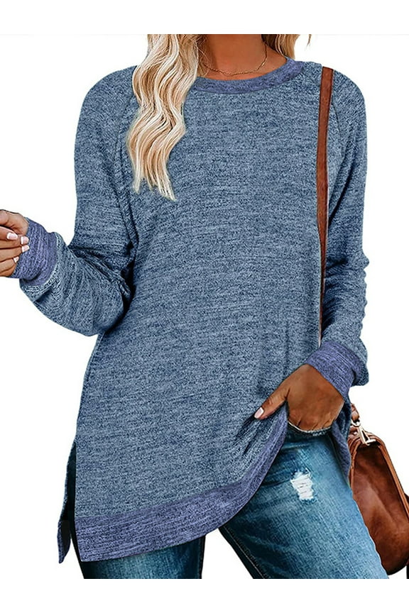 Tunic Tops for Women Long Sleeve Tops Fall Shirts Basic Round Neck Trendy Color Block Loose Casual Light Weight Sweat Shirts Slits Pullover Blue Size XL