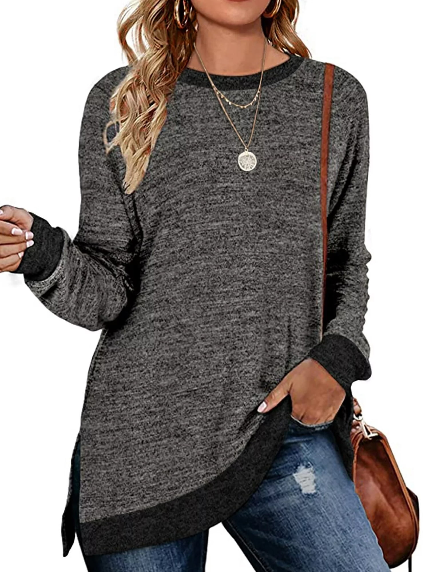 Fall Tops for Women Long Sleeve Tunic Tops Basic Round Neck Trendy Color Block Loose Casual Light Weight Sweat Shirts Slits Fall Pullover Darkgray Size L