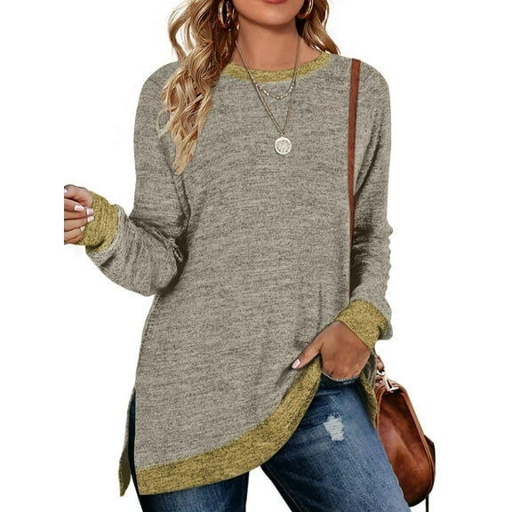SWQZVT Tunic Tops for Women Long Sleeve Tops Fall Shirts Basic Round Neck Trendy Color Block Loose Casual Light Weight Sweat Shirts Slits Pullover