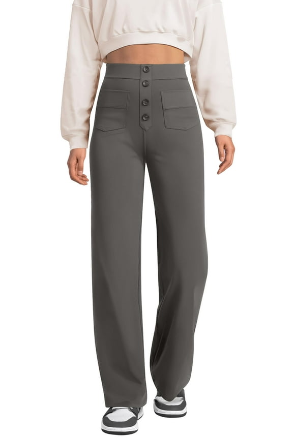 Wide Leg Pants Womens Yoga Pants with Pockets Stretch Loose Sweatpants High Waisted Button Casual Trousers Womens Clothes Elastic Waisted Slacks