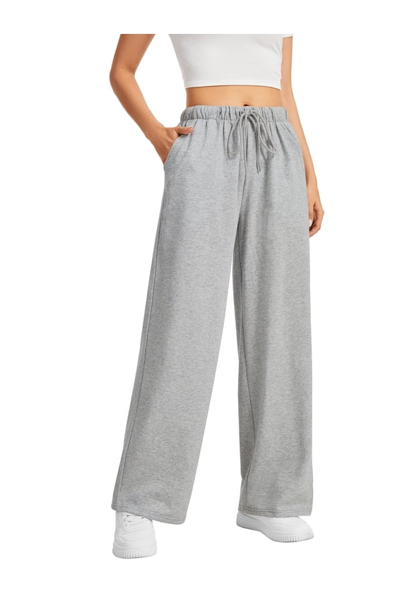 Wide Leg Sweatpants Womens Casual Drawstring Sweat Pants Baggy Elastic Gray Lounge Pants with Pockets L