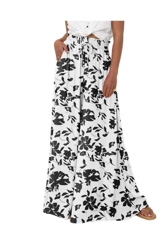 Womens Summer Wide Leg Palazzo Pants High Waisted Flowy Pockets Trendy Casual Lounge Boho Beach Trousers for Womens Clothes Lightweight Drawstring Adjustable Pants