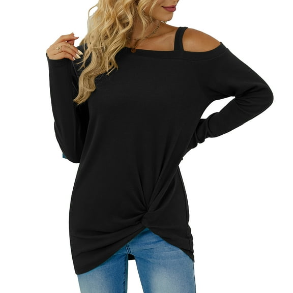 SWQZVT Women Cold Shoulder Long Sleeve Tops Twist Knot Tunic Top Sexy Trendy Blouse Elegant Black T-Shirts Size M