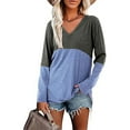 thumbnail image 1 of SWQZVT Women Color Block Tunic Tops Fashion Long Sleeve Tshirts V Neck Casual Fall Loose Fit Blouse Blue Tee, 1 of 3