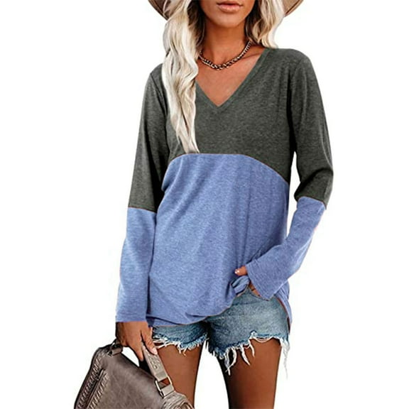 SWQZVT Women Color Block Tunic Tops Fashion Long Sleeve Tshirts V Neck Casual Fall Loose Fit Blouse Blue Tee