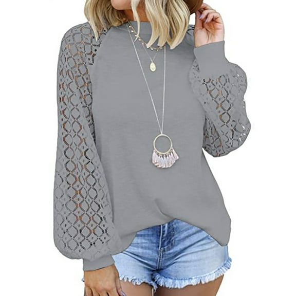SWQZVT Women Dressy Blouses Casual Solid Tops Pullover Hollow Out Lace Long Balloon Sleeve Shirts Gray Tee S