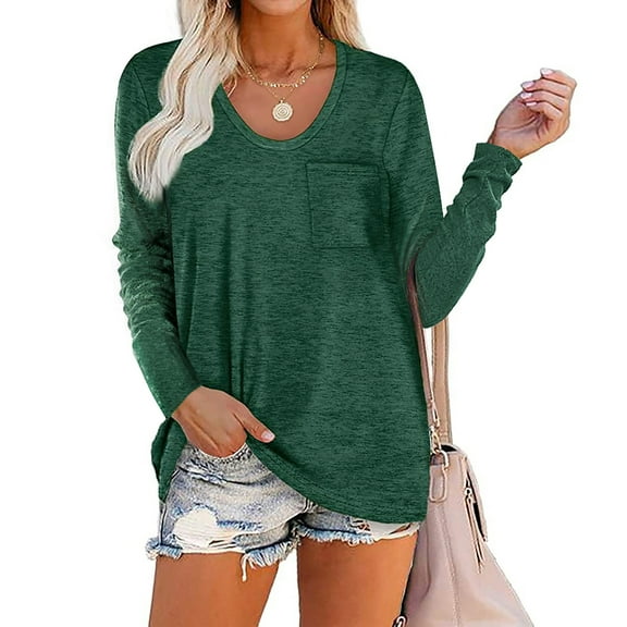 SWQZVT Women Fall Fashion Tops Basic Long Sleeves for Women Loose Fit Casual Shirts Solid RoundNeck Blouse Tunic Tops Green Tee XL