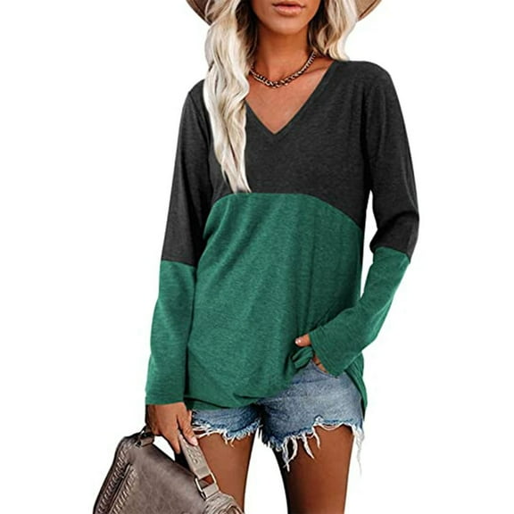 SWQZVT Women Fashion Long Sleeve Tops V-Neck Color Block T Shirts Casual Trendy Loose Fit Blouse Green Tees