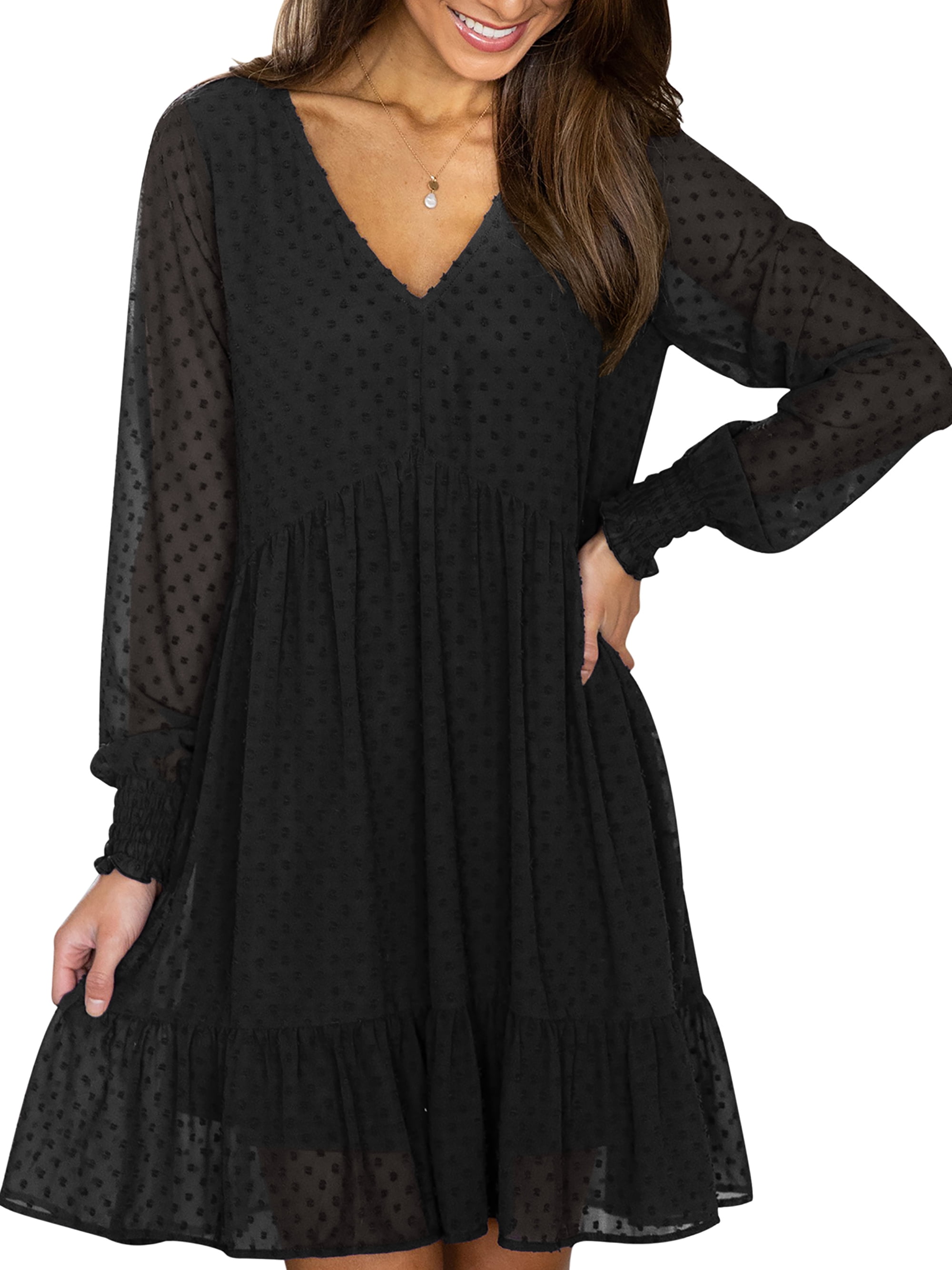 knee length dresses for ladies Zapaka Women Black Long Chiffon Bridesmaid Dress with Slit V-Neck Batwing Sleeves Wedding Guest Dress, Chiffon Color / US4 main image 0