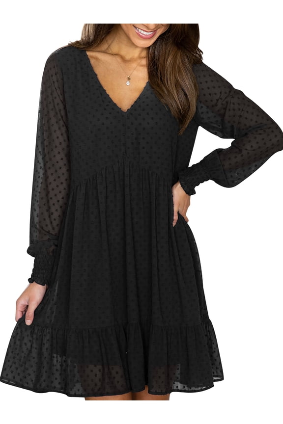 Women Long Sleeve Fall Dress Sexy V Neck Swiss Dot High Wait Cocktail Mini Dress Flowy Black Chiffon Dresses Size M