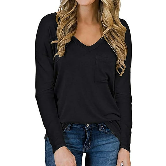 SWQZVT Women Long Sleeve Shirts Sexy Solid Color Blouses V-Neck Pocket Tops Black Quick Drying T-shirt Casual Spring Tee 2024
