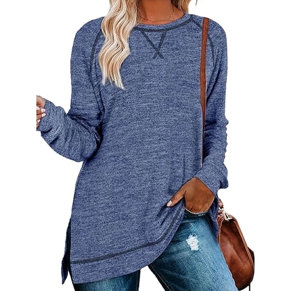 SWQZVT Women Long Sleeve T shirts Fall Tops Fashion Side Slit Tunics Tops Color Block Pullover Crewneck Sweatshirts Dressy Lightweight Going Out Tops Loose Blouses Blue Size L