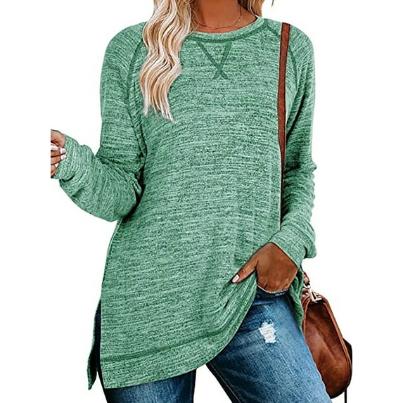 SWQZVT Women Long Sleeve Tops Fall T Shirts Fashion Crewneck Split Loose Sweatshirts Color Block Tunics Top Trendy Ladies Lightweight Pullover Tops Blouses Green Size XL