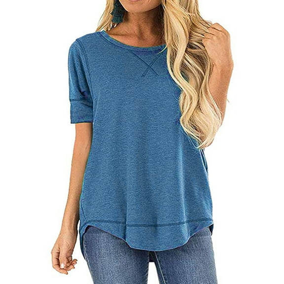 SWQZVT Women Shirts Casual Summer tunic Side Slit Crewneck Shirt Loose T-shirts Plain Color Top for Women Blue Blouses Size XXL