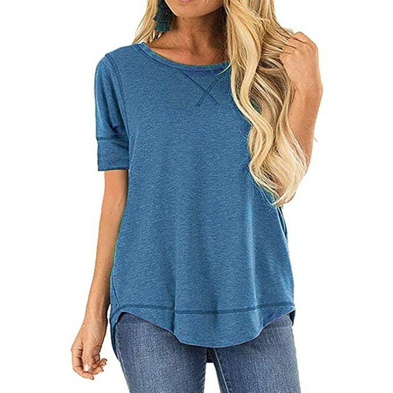 SWQZVT Women Shirts Casual Summer tunic Side Slit Crewneck Shirt Loose T-shirts Plain Color Top for Women Blue Blouses Size XXL