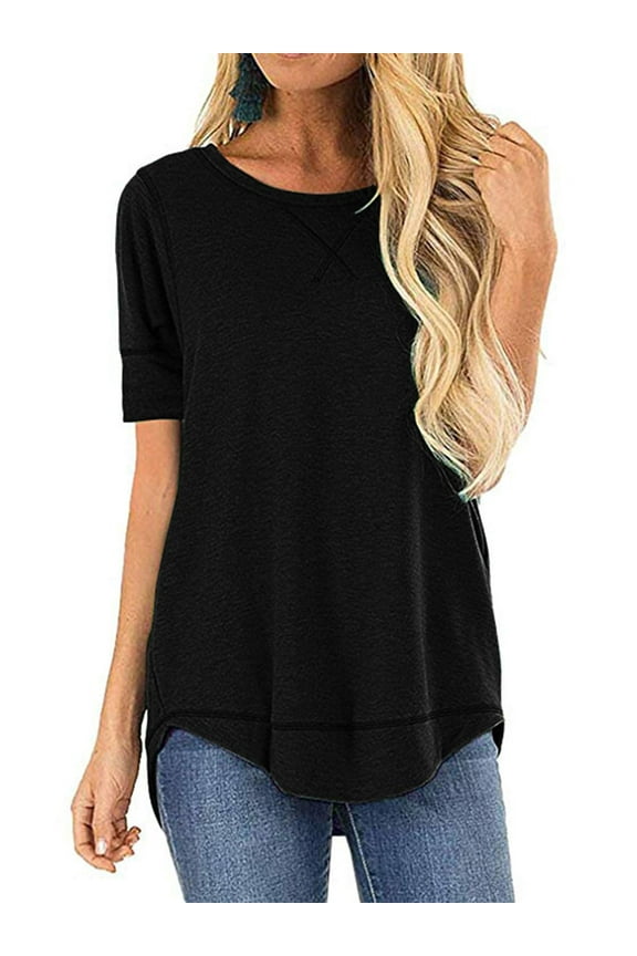 Women Top Loose Casual Black Blouse Women's High Low Tunics Short Sleeve T Shirts Summer Fashion Tops Size S