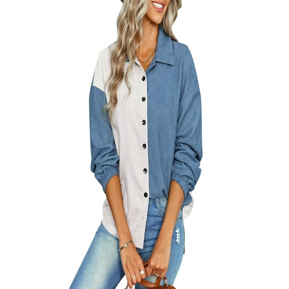 SWQZVT Women's Color Block Tops Corduroy Button Down Shirts Long Sleeve Shacket Jacket Casual Coat Blue Blouses