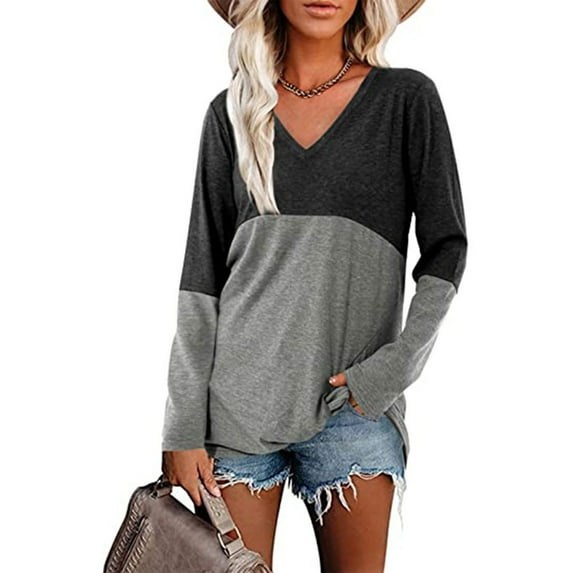 SWQZVT Women's Fashion Long Sleeve Shirts V Neck Color Block Tunic Tops Dressy Casual Loose Fit Blouse Gray Tees