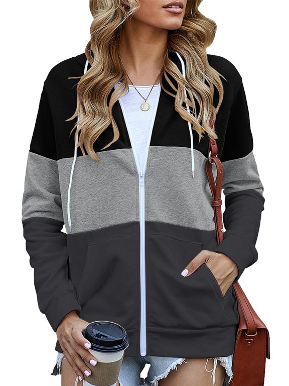 SWQZVT Women's Full Zip Up Hoodie Long Sleeve Lightweight Hooded Sweatshirts Fall Tops Color Block Fashion Pockets Jacket Coat Black Tops Plus Size XXL