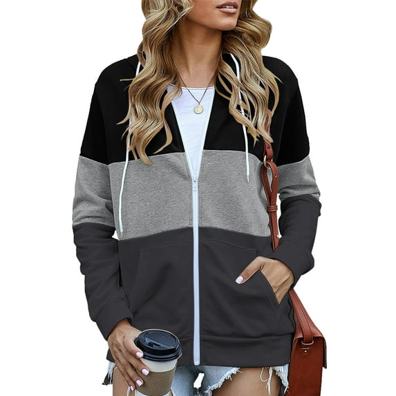 SWQZVT Women's Full Zip Up Hoodie Long Sleeve Lightweight Hooded Sweatshirts Fall Tops Color Block Fashion Pockets Jacket Coat Black Tops Plus Size XXL