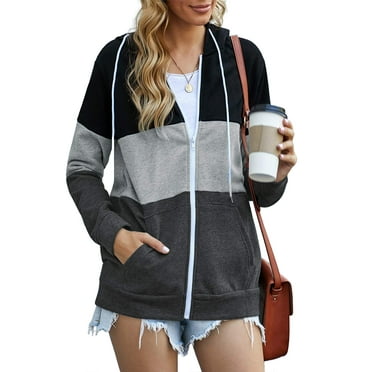 SWQZVT Women's Full Zip Up Hoodie Long Sleeve Lightweight Hooded Sweatshirts Fall Tops Color Block Fashion Pockets Jacket Coat Black Tops Size S