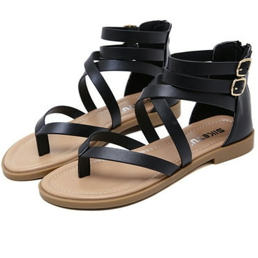 SWQZVT Women's Gladiator Sandals Summer Casual Flat Thong Cross Strappy Sandals Trendy Roman Shoes with Zipper
