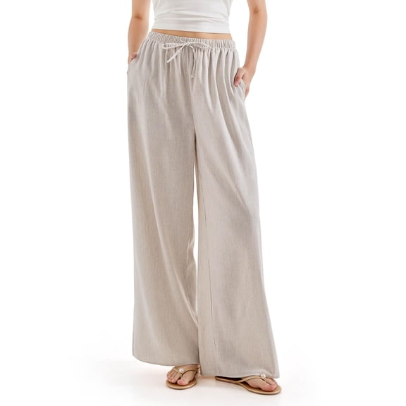 SWQZVT Women's Linen Wide Leg Pants High Waisted Palazzo Lounge Pants Drawstring Elastic Waist Casual Summer Beach Vacation Pants with Pockets