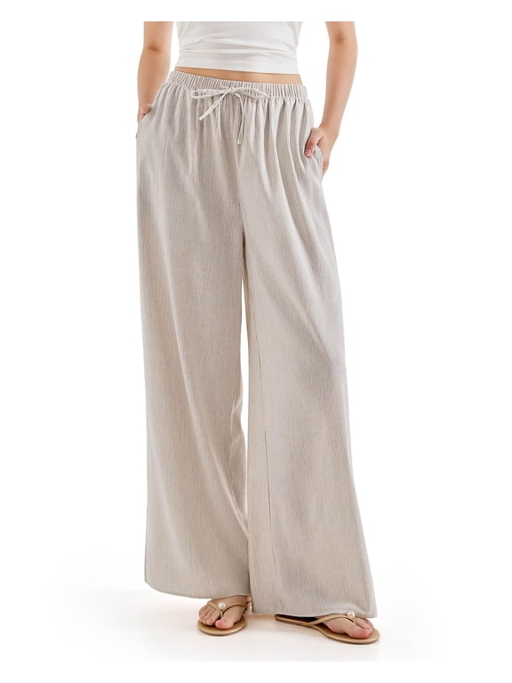 Women's Linen Wide Leg Pants High Waisted Palazzo Lounge Pants Drawstring Elastic Waist Casual Summer Beach Vacation Pants with Pockets