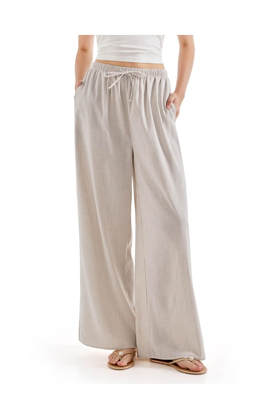Women's Linen Wide Leg Pants High Waisted Palazzo Lounge Pants Drawstring Elastic Waist Casual Summer Beach Vacation Pants with Pockets