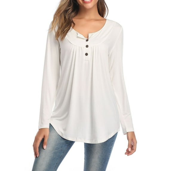SWQZVT Women's Long Sleeve Blouses V-Neck Dressy Casual Tunic Tops Soft Comfy Shirts Button Down White Comfort Color Tee