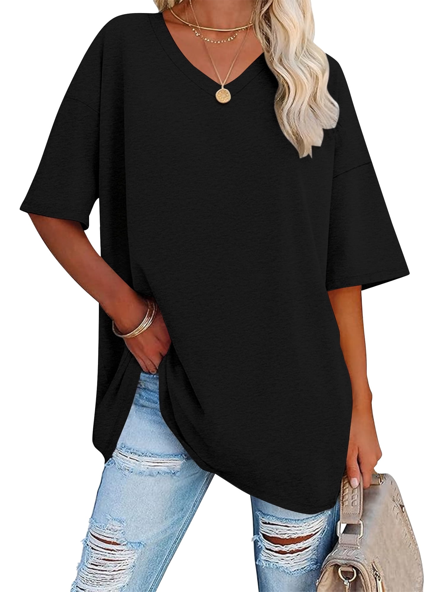 SWQZVT Women's Oversized V Neck T Shirt Short Sleeve Loose Fit Casual ...