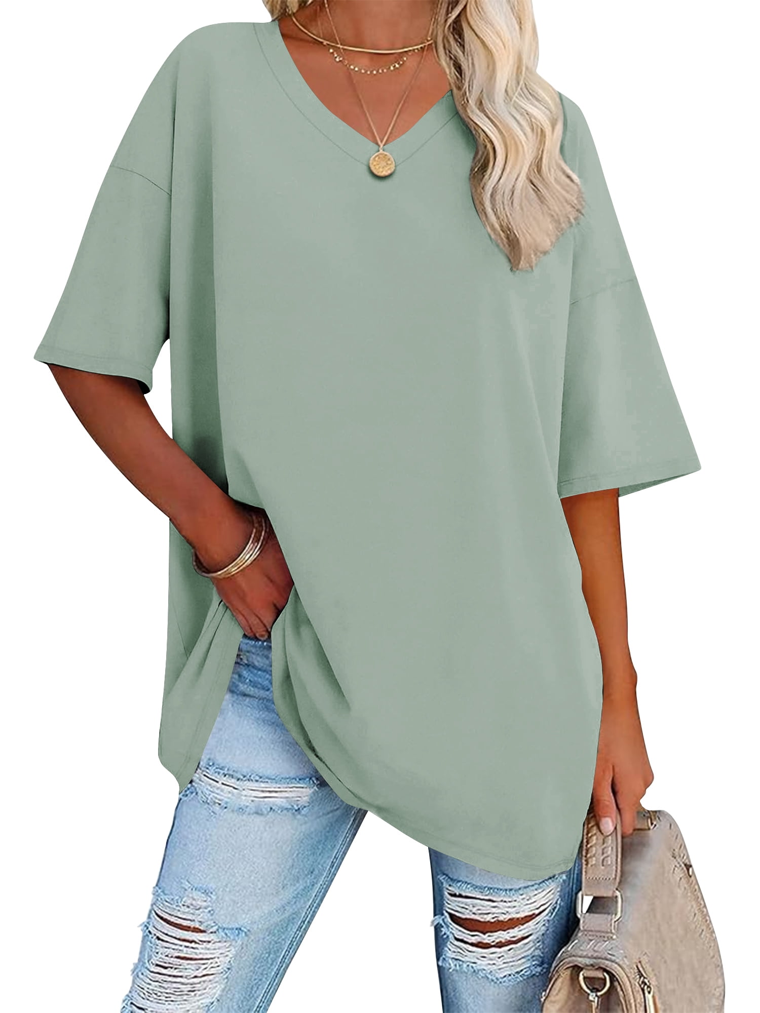 SWQZVT Women's Oversized V Neck T Shirt Short Sleeve Loose Fit Casual ...