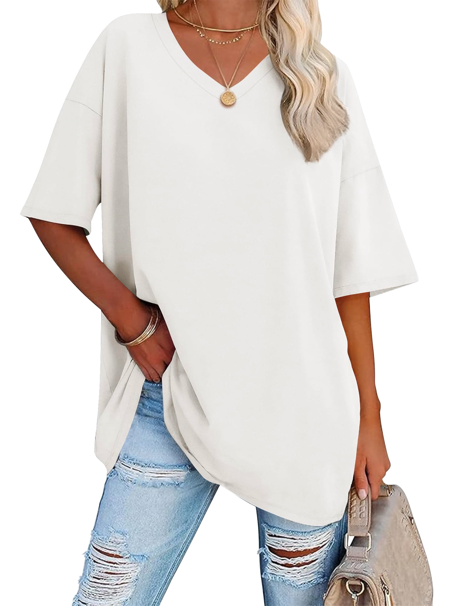 SWQZVT Women's Oversized V Neck T Shirt Short Sleeve Loose Fit Casual ...