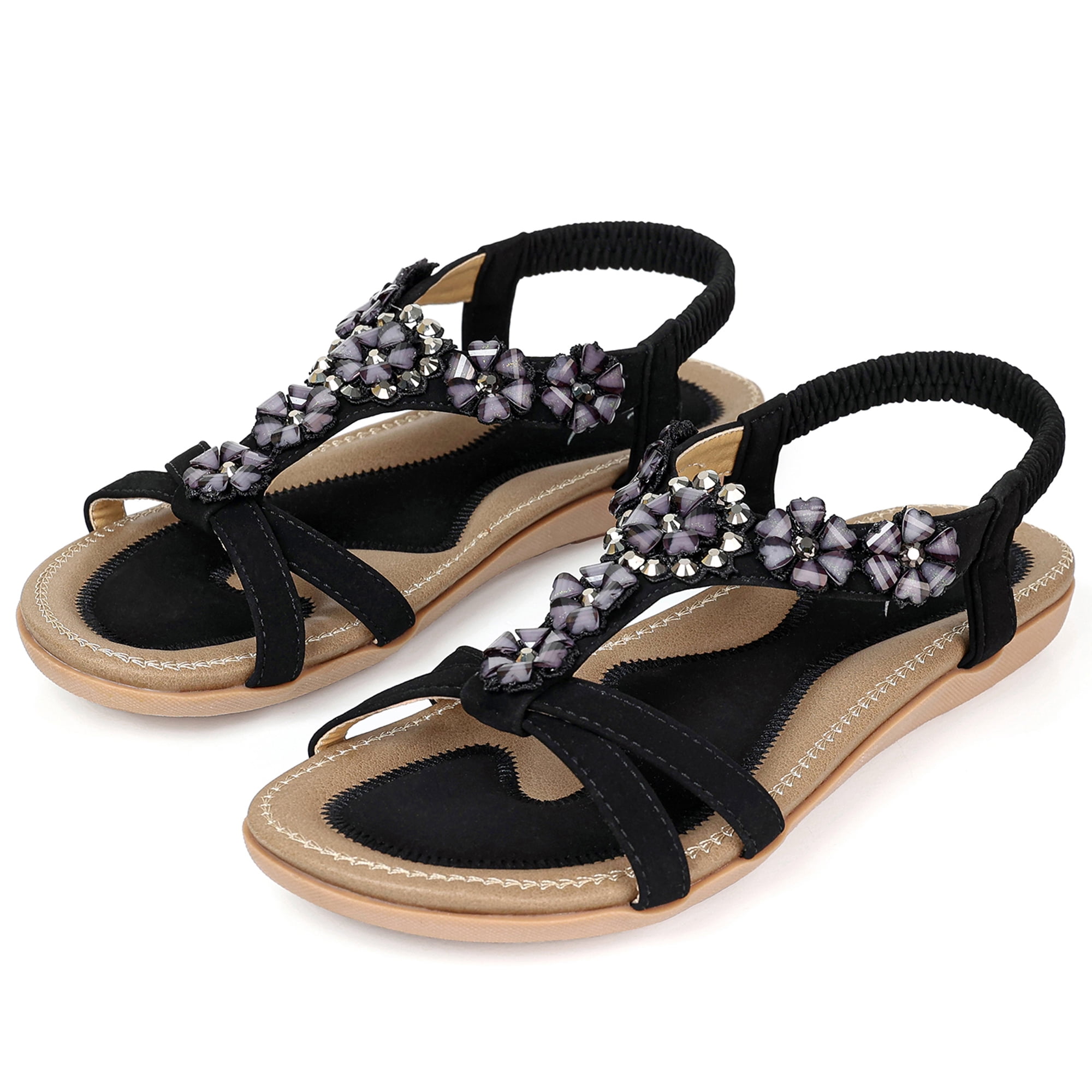 SWQZVT Women's Summer Black Sandals Casual Comfortable Beach Shoes Elastic  Ankle Strap Flat Sandals for Women 
