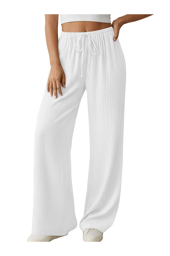 Women's Summer Palazzo Pants High Waisted Wide Leg Drawstring Flowy Beach Lounge Pants with Pockets