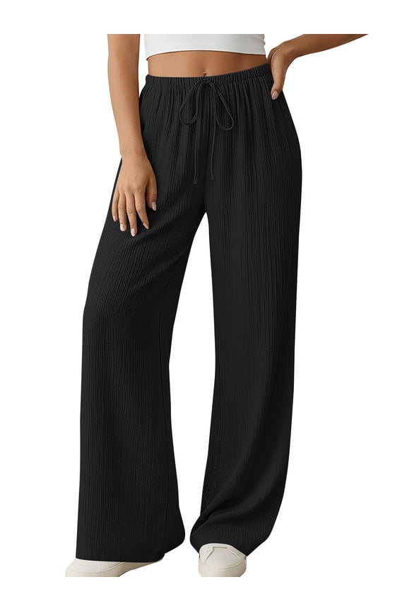 Women's Summer Palazzo Pants High Waisted Wide Leg Drawstring Flowy Beach Lounge Pants with Pockets