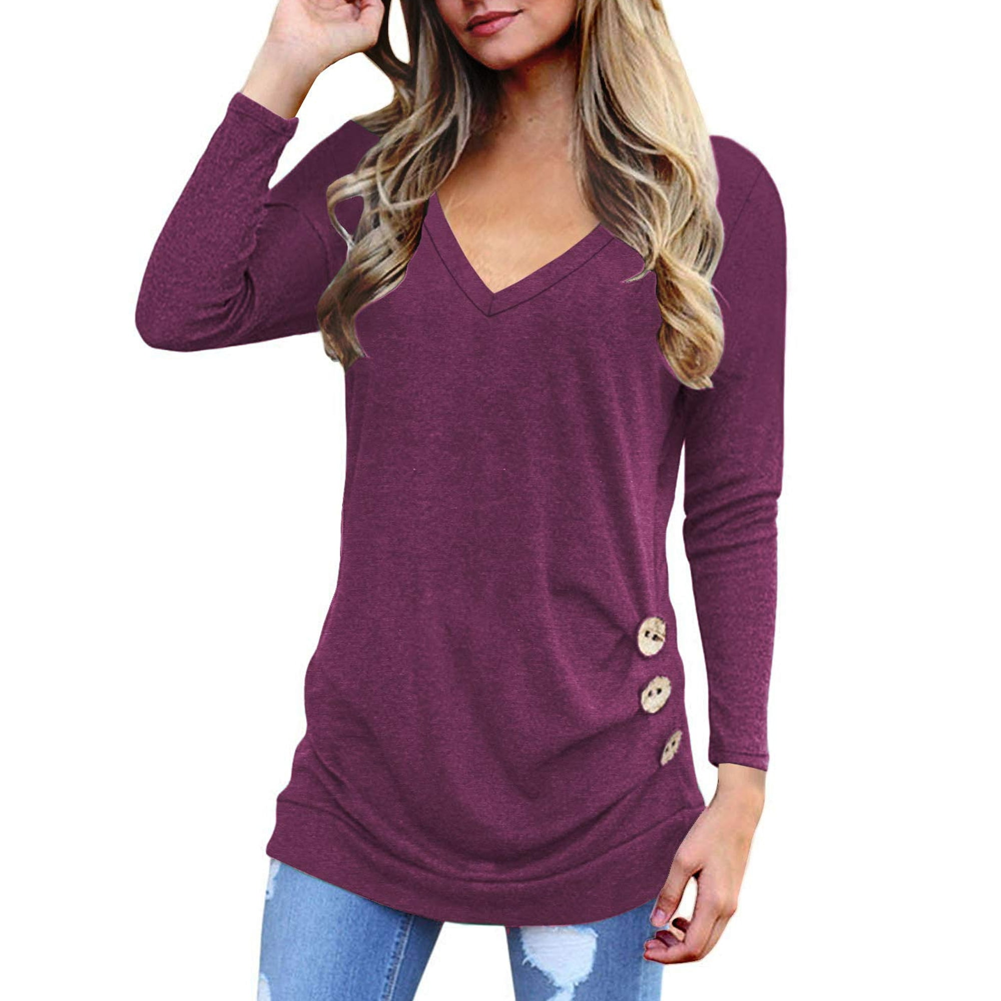 SWQZVT Women's Tops Long Sleeve Blouses with Side Buttons Decor V Neck ...