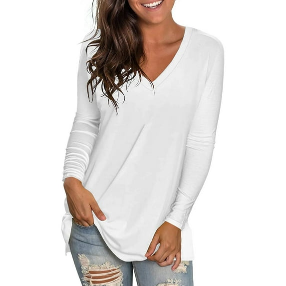 SWQZVT Women's Tops Long Sleeve Fall Shirts Women V Neck Casual Shirt Soft Tunic T Shirt Blouse Tops White Tee XL Size