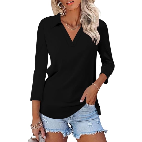 SWQZVT Women's V Neck Polo Shirt 3/4 Sleeve Collared Casual Business Top Loose Fit Summer Blouse