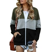 SWQZVT Womens Full Zip Up Hoodie Long Sleeve Hooded Sweatshirts Color Block Casual Fashion Pockets Fall Winter Jacket Winered Tops Size XL