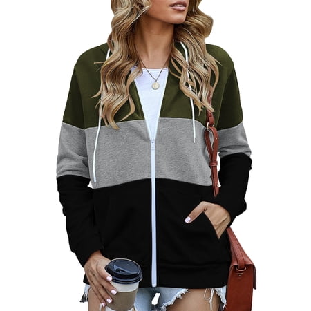 SWQZVT Women's Zip Up Hoodies Long Sleeve Tops Spring Sweatshirts Fall Winter Tops Color Block Fashion Light Jacket Clothes Green Tops Size XL