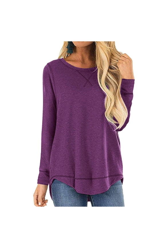 Womens Casual Long Sleeve Round Neck Top Spring Going Out Blouse for Woman Tunic T Shirt S-2XL Size