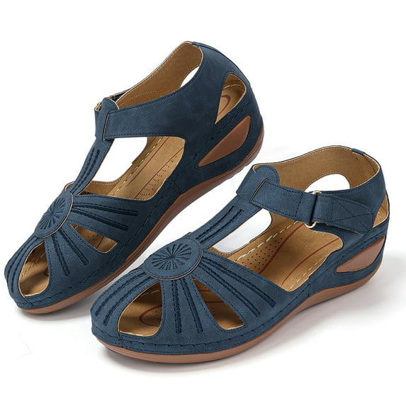 SWQZVT Womens Closed Toe Sandals Classic Leather Sandals Casual Adjustable Hook and Loop Straps Slip-On Shoes Outdoor Blue Size 9