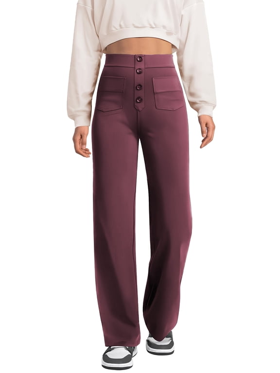 Womens Dress Pants High Waist Straight Leg Pants Button Down Bottoms Work Pants Trousers with Pockets Womens Clothes Elastic Waisted Stretch Business Slacks