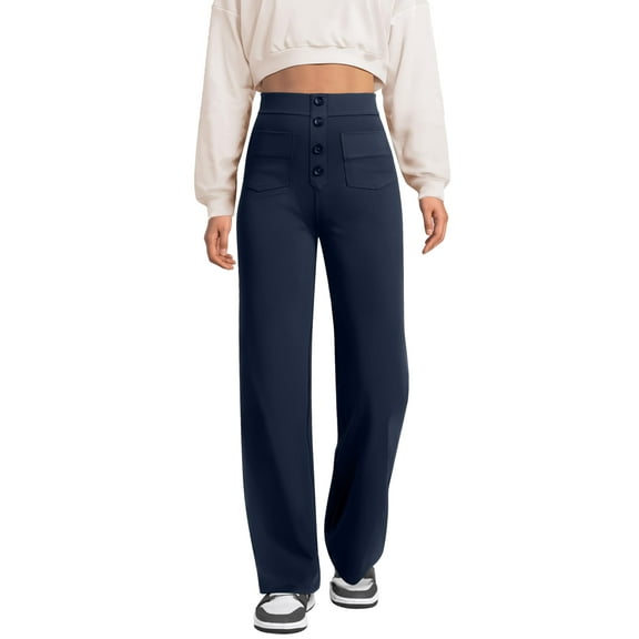 SWQZVT Womens Dressy Casual Dress Pants Straight Leg High Elastic Waisted Stretch Trouser Slacks for Womens Clothes Business Work Button Pants with Pocket