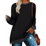 SWQZVT Womens Fall Tops Long Sleeve Shirts Crewneck Loose Casual Pullover Fashion Color Block Side Split Black Tunic Tops Lightweight Sweatshirts Size L