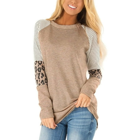 SWQZVT Womens Fall Tops Long Sleeve Shirts Crew Neck Pullover Fashion Leopard Printed Color Block Striped Tshirts for Women Tunics Tops Casual Sweatshirts Blouse Khaki Clothing Plus Size XXL