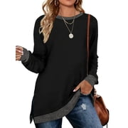 SWQZVT Womens Fall Tops Long Sleeve Shirts Crewneck Loose Casual Pullover Fashion Color Block Side Split Black Tunic Tops Lightweight Sweatshirts Size S