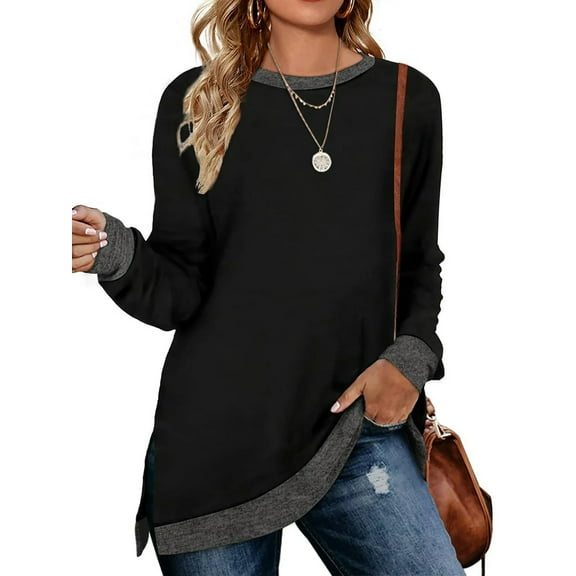 SWQZVT Womens Fall Tops Long Sleeve Shirts Crewneck Loose Casual Pullover Fashion Color Block Side Split Black Tunic Tops Lightweight Sweatshirts Size L