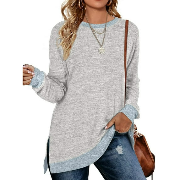 SWQZVT Womens Fall Tops Long Sleeve Shirts Round Neck Tunic Tops Loose Casual Fashion Color Block Side Split Lightgray Lightweight Pullover Sweatshirts Size XL
